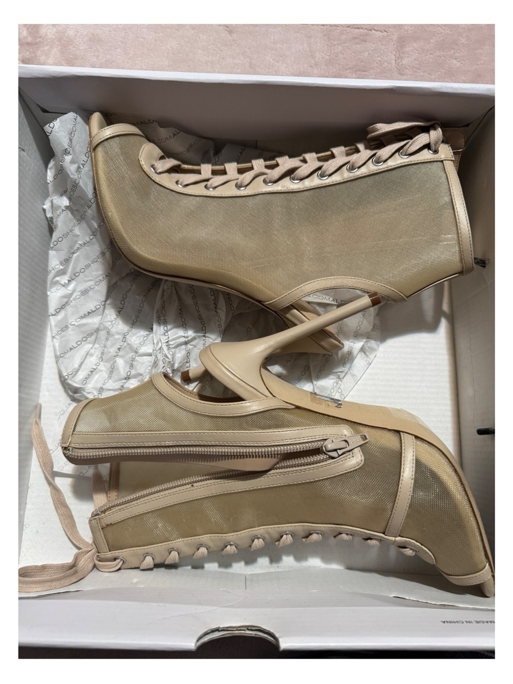 Aldo Nude Beige Lace-Up Mesh Stiletto Ankle Boots